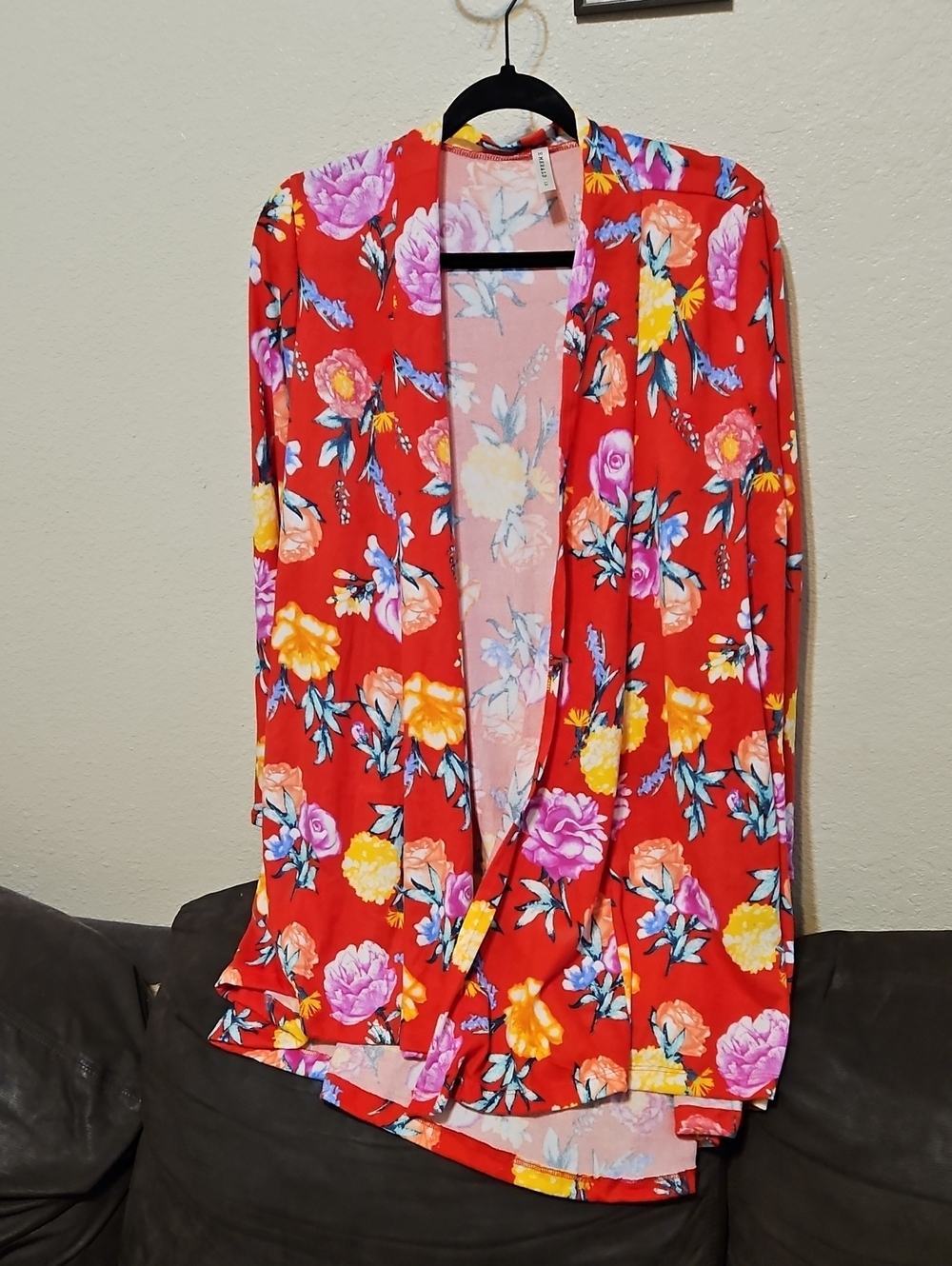 Emerald Red Floral Open-Front Cardigan